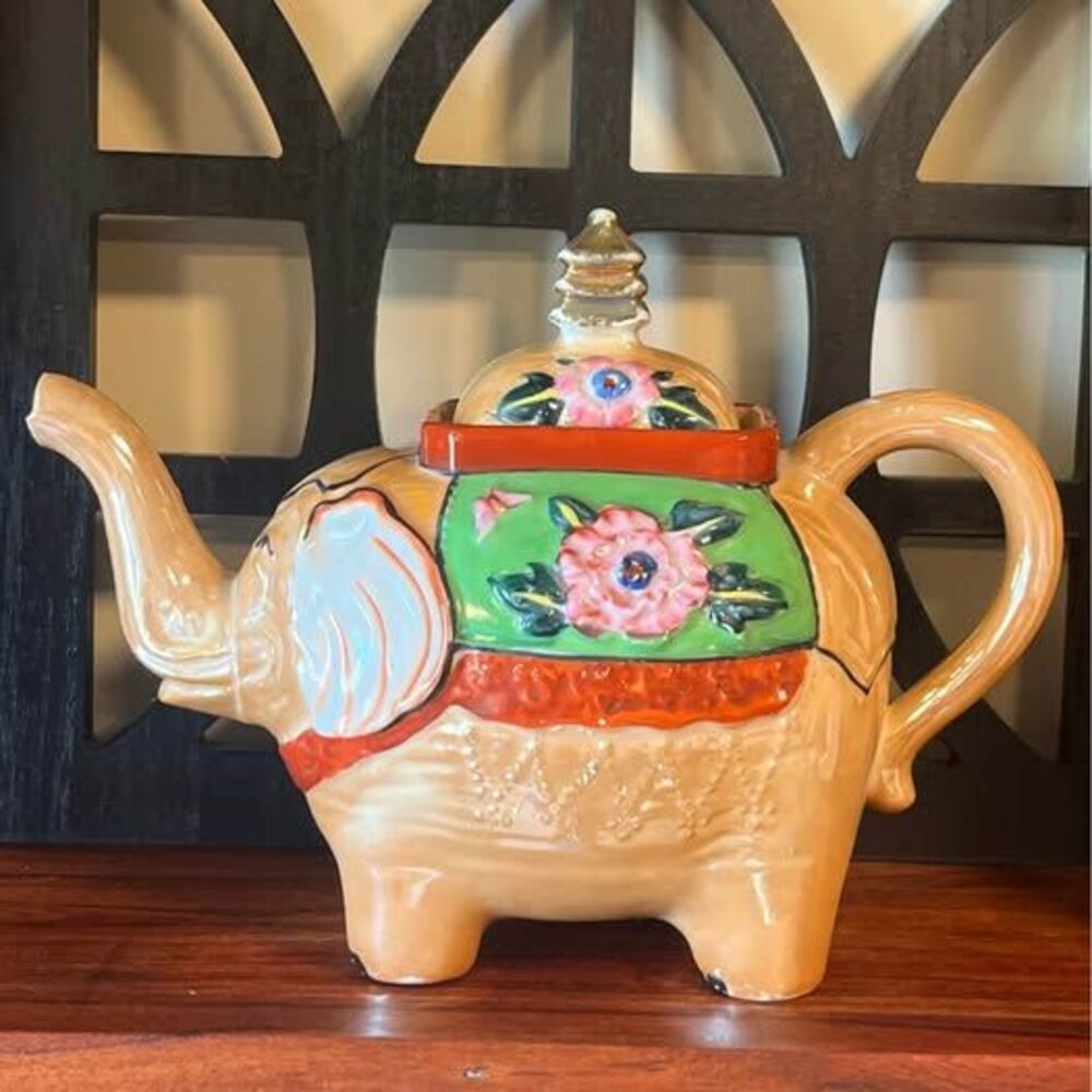 Vintage Elephant Teapot, Floral Ceramic Tea Pot, Whimsical Cottagecore Boho deco